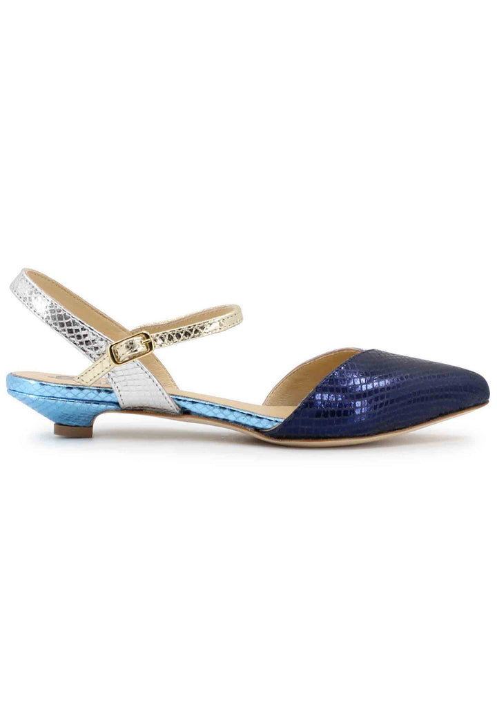 Spatarella Sandali bassi donna in pelle laminata blu punta chiusa con cinturino alla caviglia Offerte giornaliere