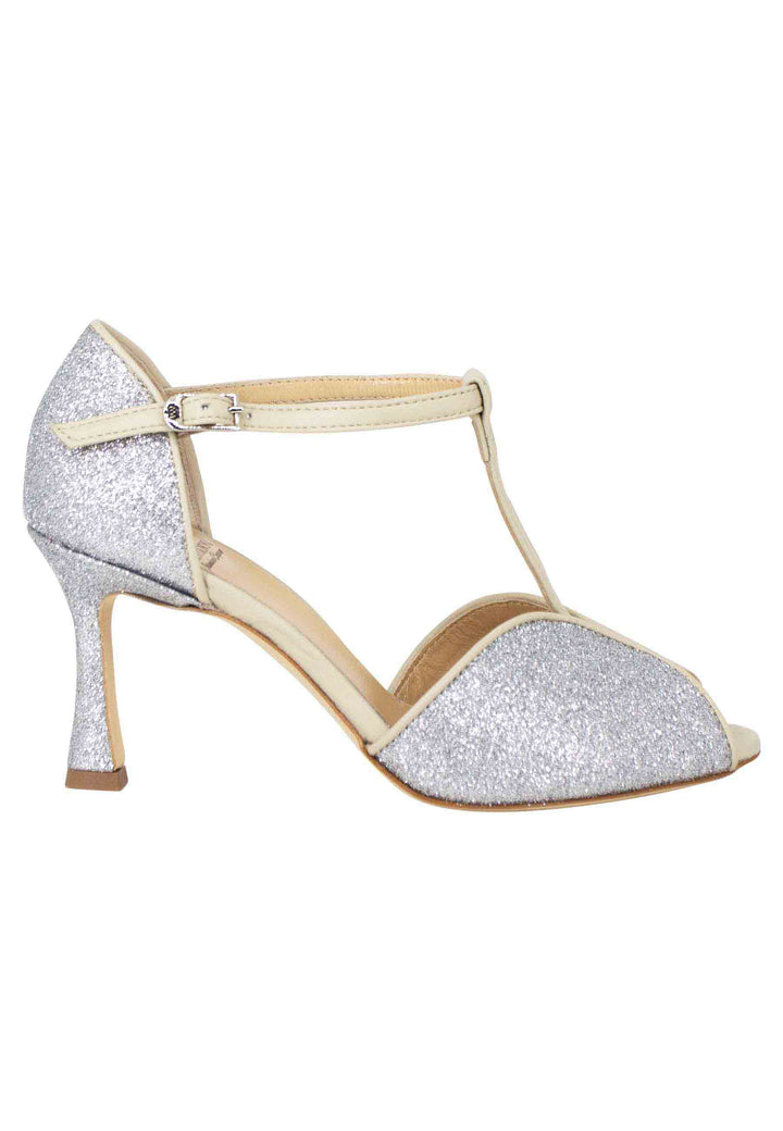 Spatarella Sandali donna in glitter e pelle argento con tacco alto Prezzo basso