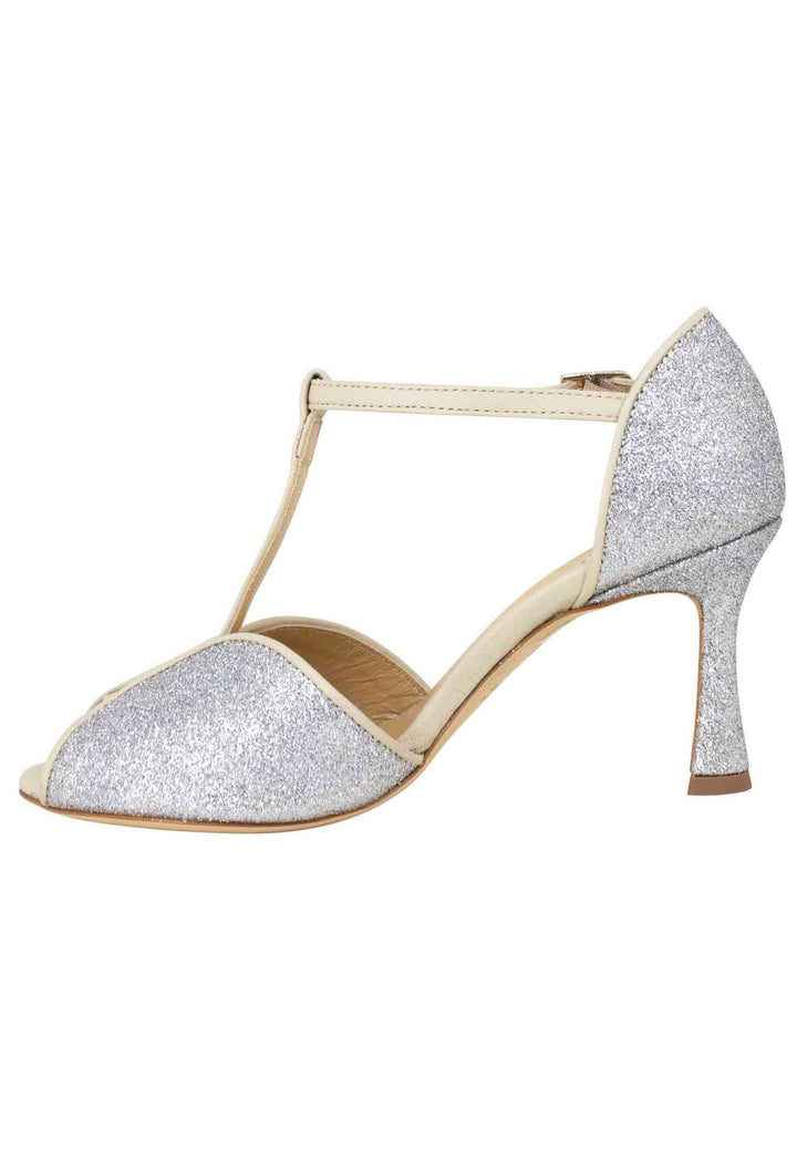 Spatarella Sandali donna in glitter e pelle argento con tacco alto Prezzo basso