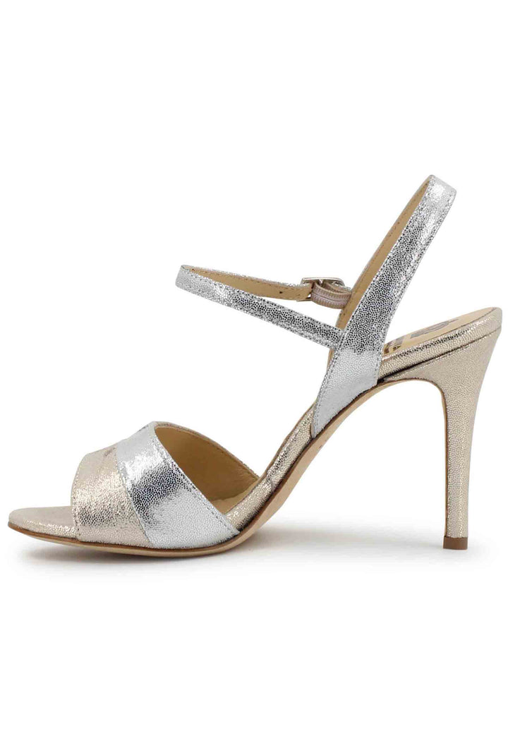 Spatarella Sandali donna in pelle laminata argento con tacco alto e cinturino alla caviglia ACQUISTA ORA