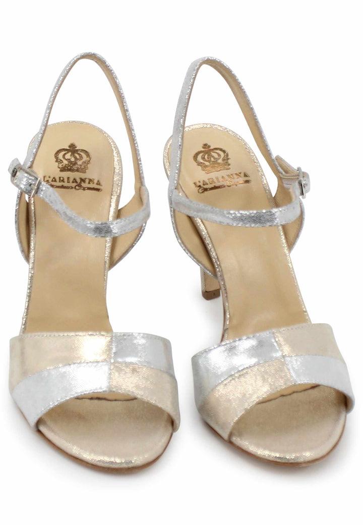 Spatarella Sandali donna in pelle laminata argento con tacco alto e cinturino alla caviglia ACQUISTA ORA