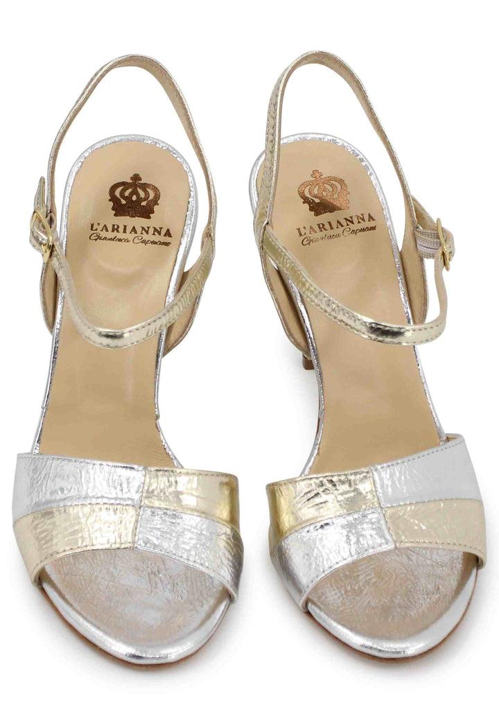 Spatarella Sandali donna in pelle laminata oro con tacco alto e cinturino alla caviglia Ultimo giorno