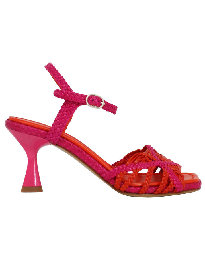 Spatarella Sandali donna in pelle intrecciata fuxia con cinturino alla caviglia e punta quadra In Linea