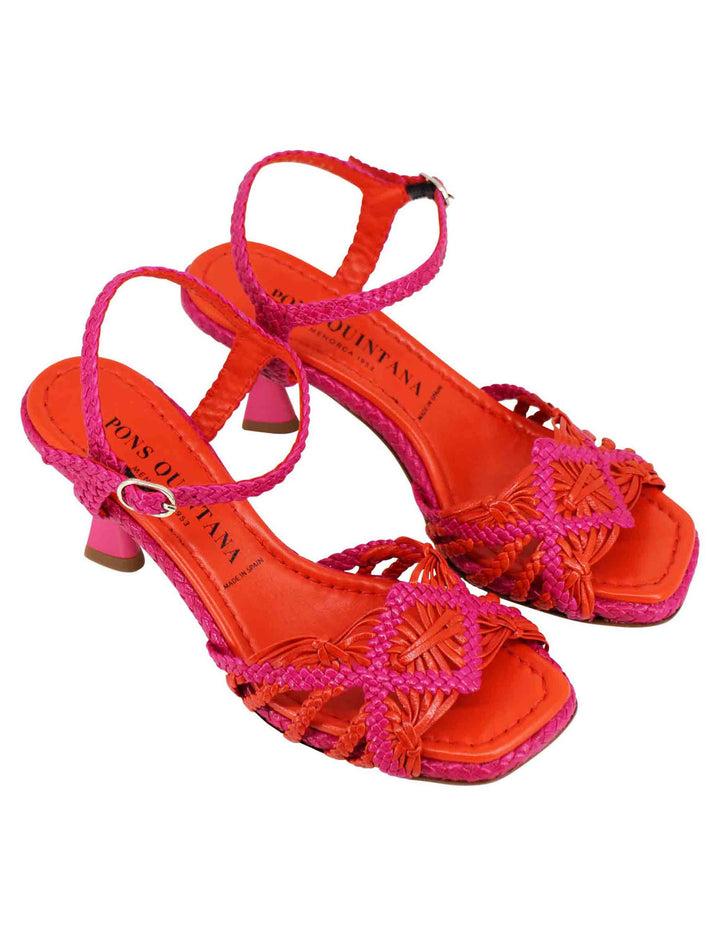 Spatarella Sandali donna in pelle intrecciata fuxia con cinturino alla caviglia e punta quadra In Linea