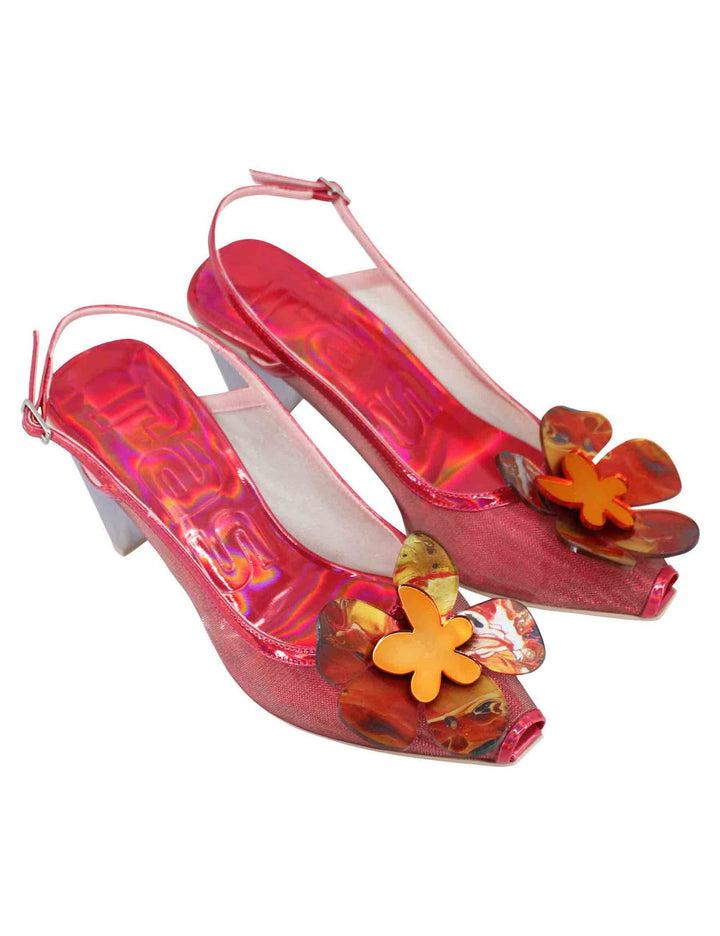 Spatarella Decollete slingback donna in tessuto fuxia laminato con tacco alto Nuovo