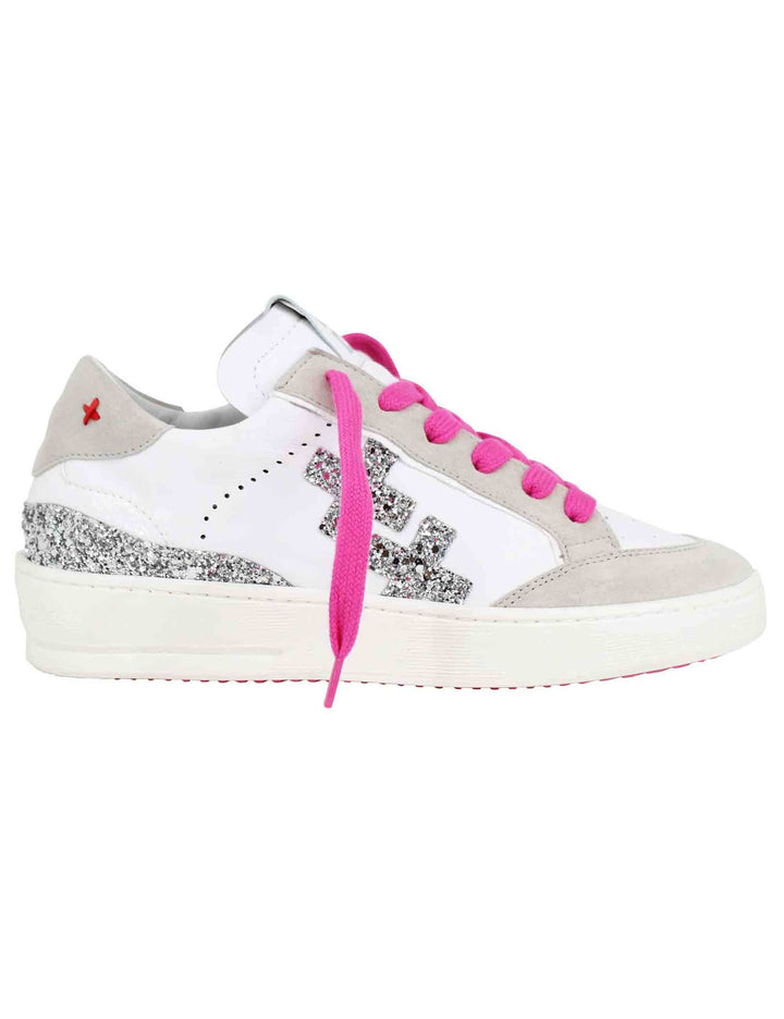 Spatarella Sneakers donna in pelle bianca con riporti in glitter argento Pezzi Unici