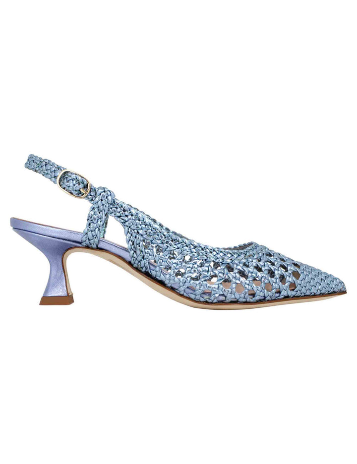 Spatarella Decollete slingback donna in pelle intrecciata laminata celeste con tacco in tinta Soddisfazione Garantita