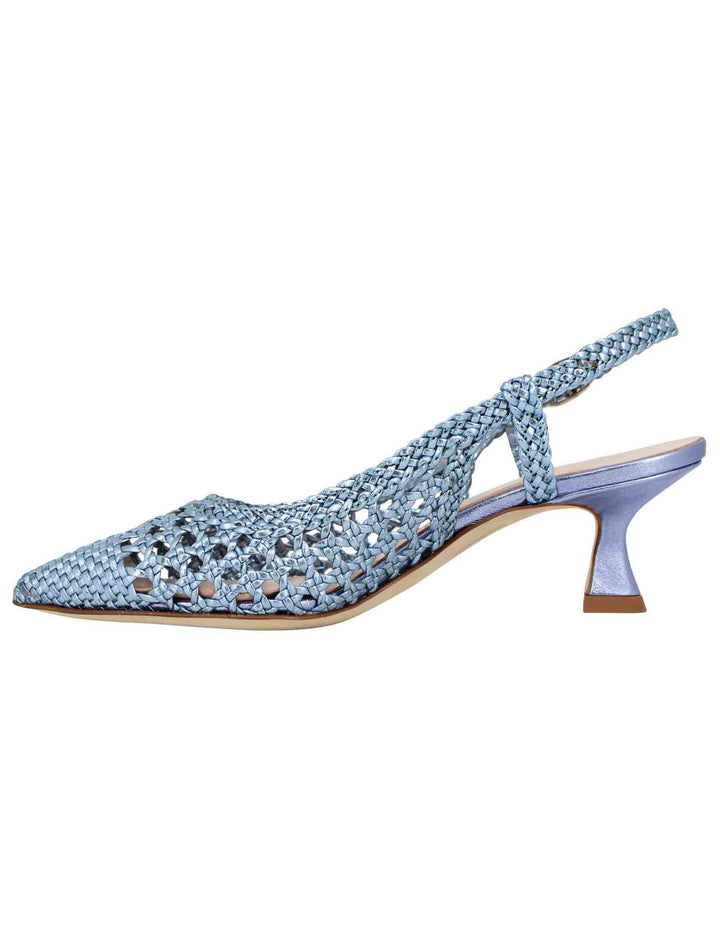 Spatarella Decollete slingback donna in pelle intrecciata laminata celeste con tacco in tinta Soddisfazione Garantita