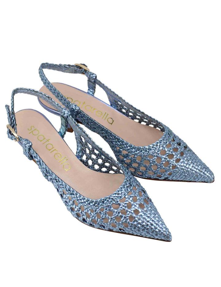 Spatarella Decollete slingback donna in pelle intrecciata laminata celeste con tacco in tinta Soddisfazione Garantita