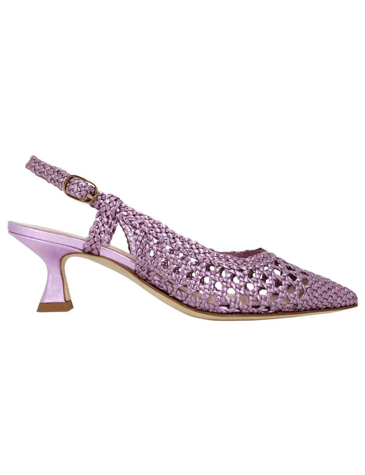 Spatarella Decollete slingback donna in pelle intrecciata laminata lilla con tacco in tinta Consegna Veloce