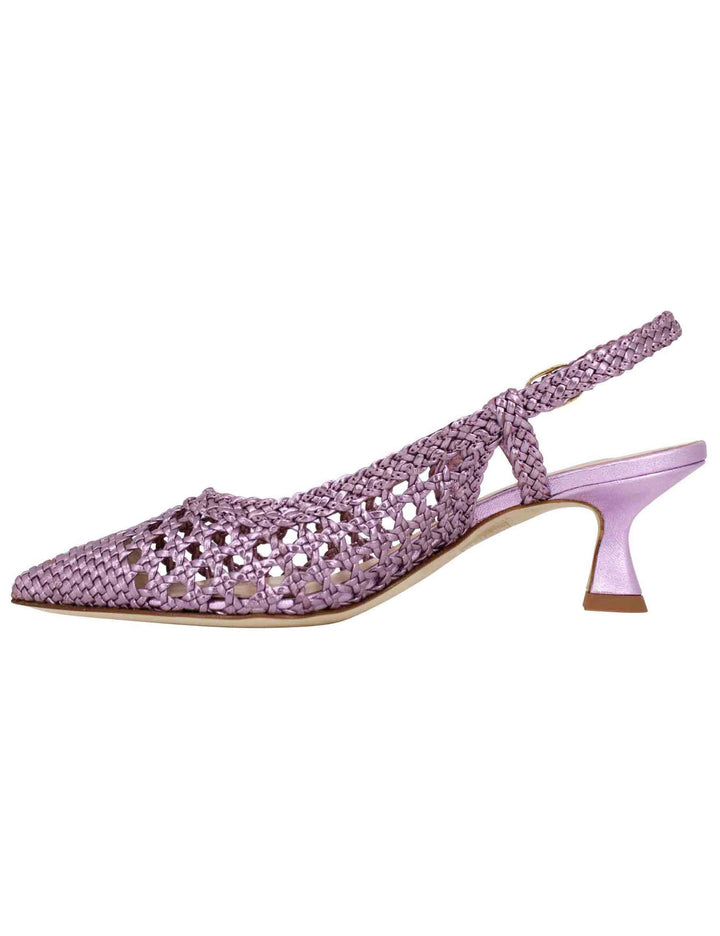 Spatarella Decollete slingback donna in pelle intrecciata laminata lilla con tacco in tinta Consegna Veloce
