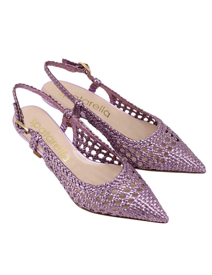 Spatarella Decollete slingback donna in pelle intrecciata laminata lilla con tacco in tinta Consegna Veloce