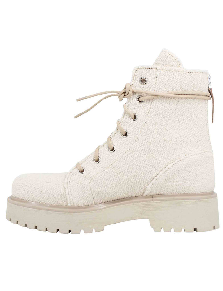 Spatarella Stivaletti anfibi donna in tessuto beige con zip posteriore Fino Al -60%