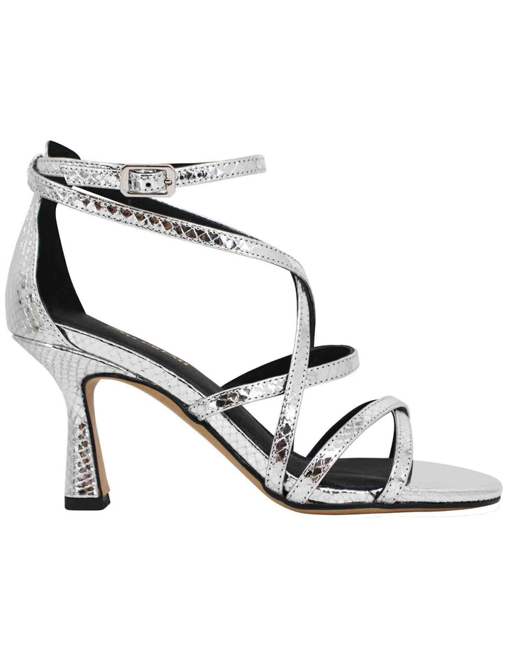 Spatarella Sandali donna in pelle laminata stampata argento con tacco alto e cinturini Prezzo Ridotto