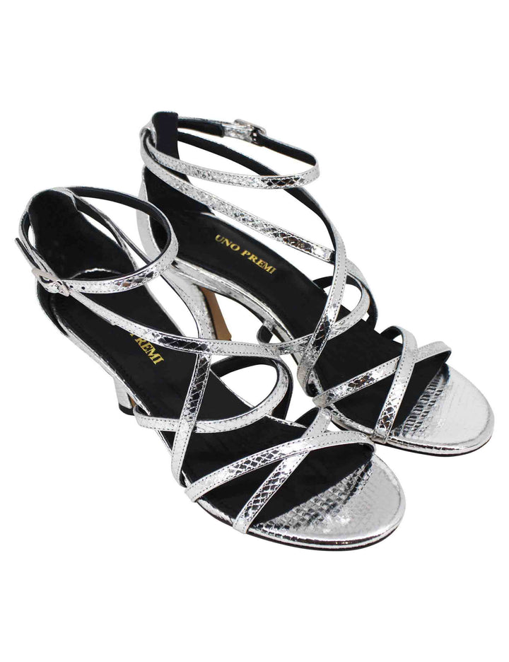 Spatarella Sandali donna in pelle laminata stampata argento con tacco alto e cinturini Prezzo Ridotto