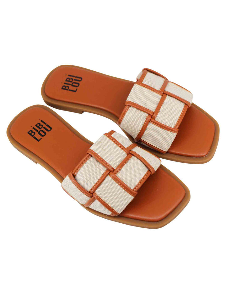 Spatarella Sandali flat donna in eco pelle cuoio intrecciato con tessuto a contrasto Desa Convenienza