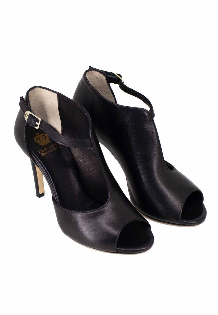 Spatarella Sandali donna in pelle nera con cinturino e tacco alto In Vendita