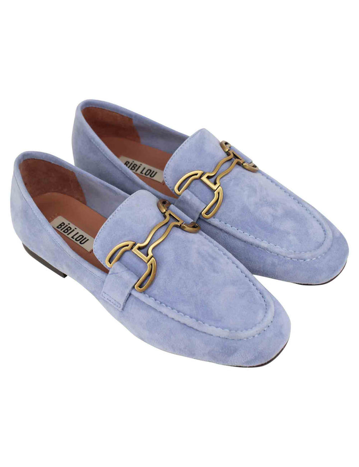 Spatarella Mocassini donna in camoscio celeste con mosetto e tacco basso Zagreb Vendite stagionali