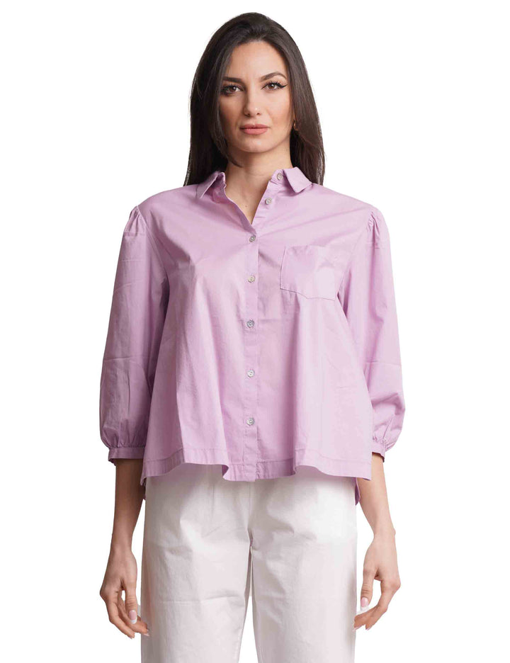 Spatarella Camicie donna in cotone lilla con maniche a sbuffo