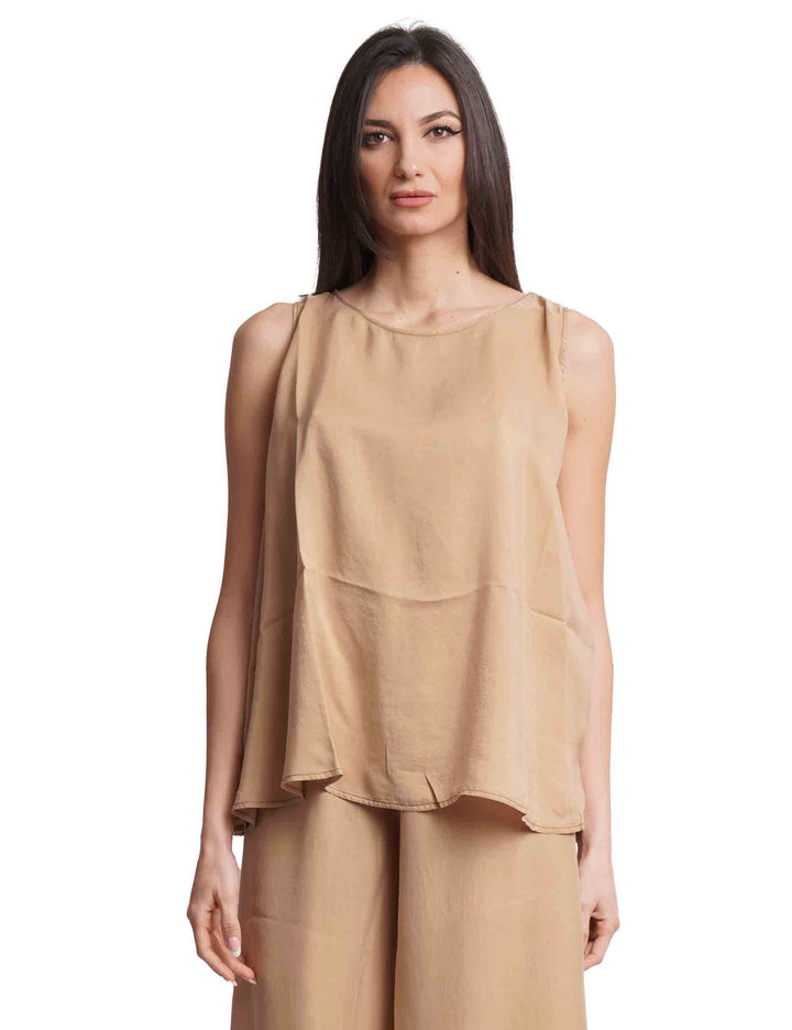 Spatarella Top donna in seta cammello largo al fondo Offerta Anniversario