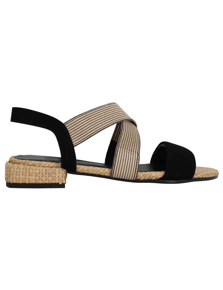 Spatarella Sandali donna in tessuto beige e camoscio nero con tacco basso Smaltimento dello stoccaggio
