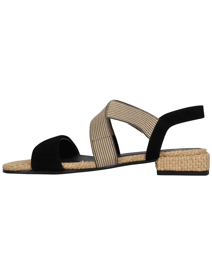 Spatarella Sandali donna in tessuto beige e camoscio nero con tacco basso Smaltimento dello stoccaggio