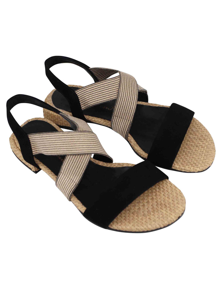 Spatarella Sandali donna in tessuto beige e camoscio nero con tacco basso Smaltimento dello stoccaggio
