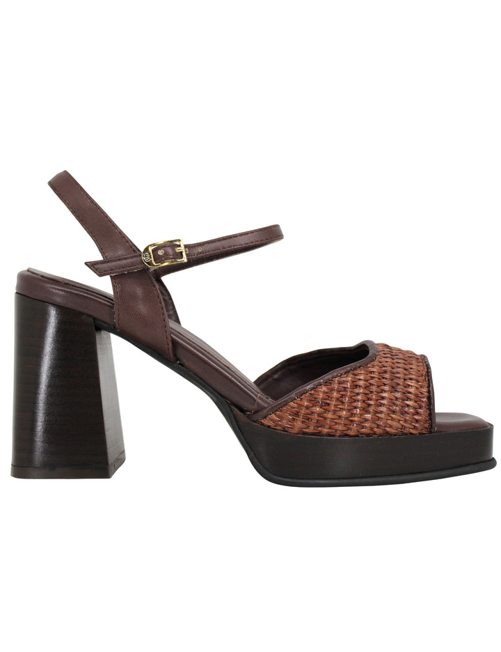 Spatarella Sandali donna in pelle e tessuto marrone con tacco punta quadra e cinturino alla caviglia Fino al 55% di sconto