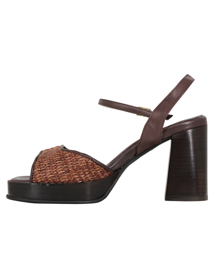 Spatarella Sandali donna in pelle e tessuto marrone con tacco punta quadra e cinturino alla caviglia Fino al 55% di sconto