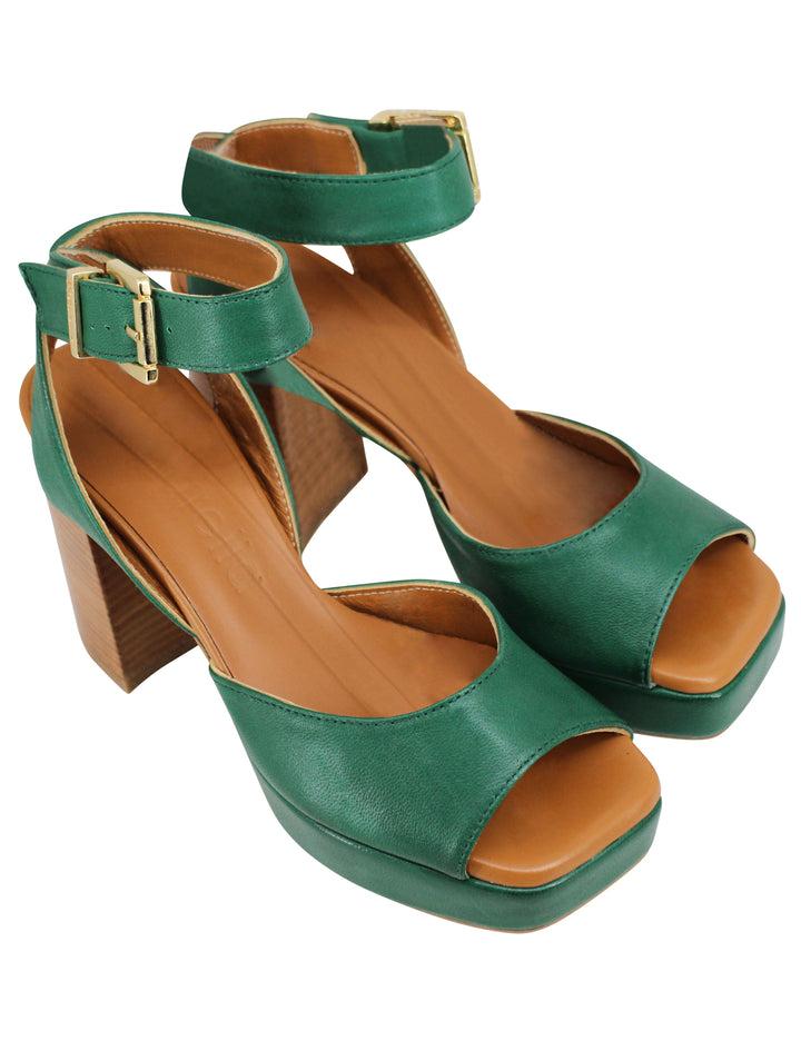 Spatarella Sandali donna in pelle verde con tacco alto in cuoio e plateau Solo un giorno rimasto