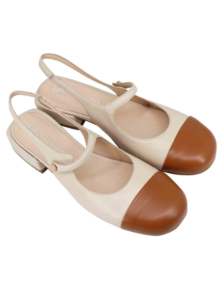 Spatarella Decollete slingback donna in pelle beige bicolore con puntale cammello Super sconto