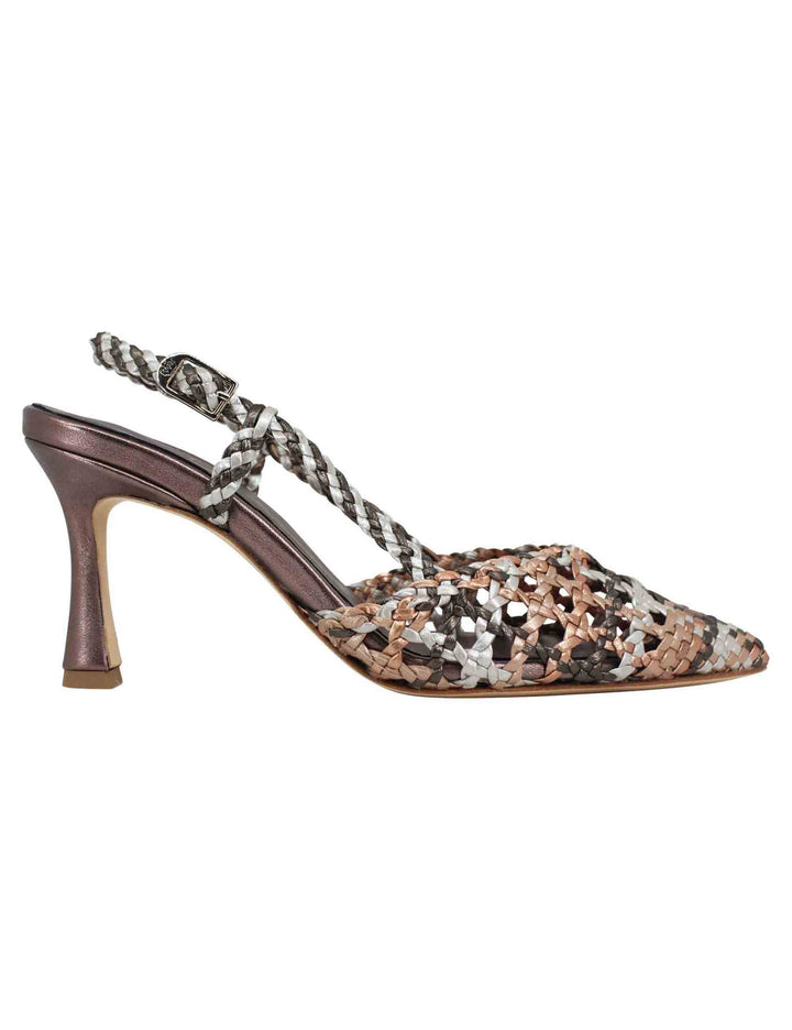 Spatarella Decollete slingback donna in pelle intrecciata taupe laminata con tacco alto Officina