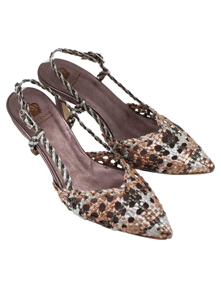 Spatarella Decollete slingback donna in pelle intrecciata taupe laminata con tacco alto Officina