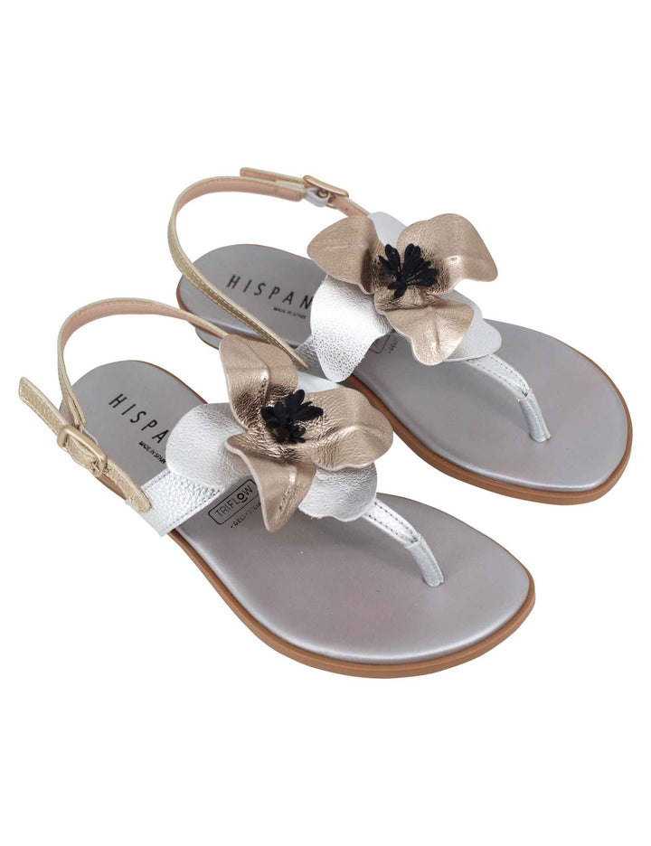 Spatarella Sandali infradito flat donna in pelle argento con fiore Esporta salva