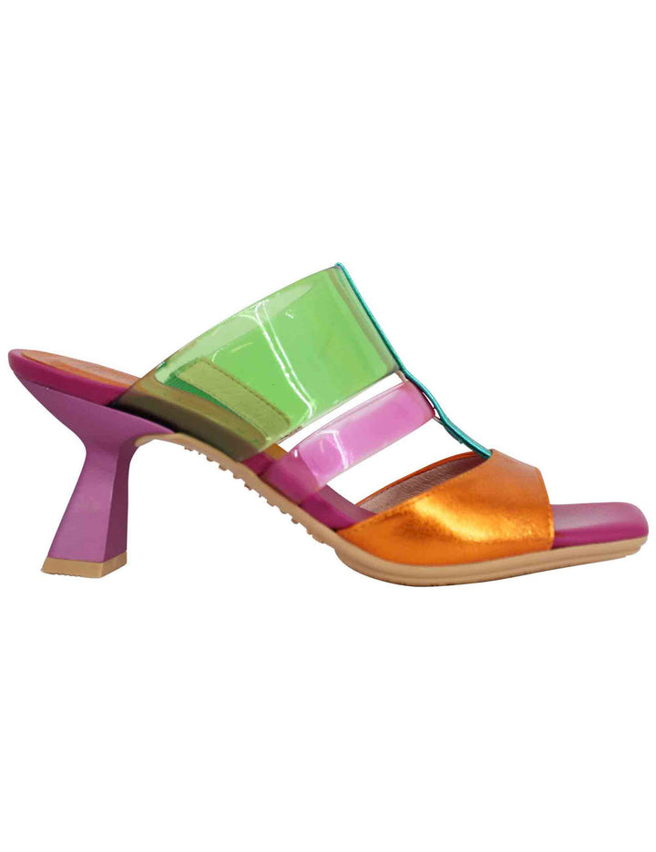 Spatarella Sandali donna in pelle laminata fuxia e multicolore con punta quadra 2025