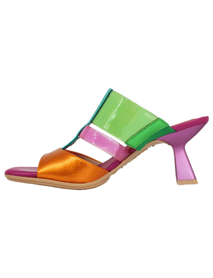 Spatarella Sandali donna in pelle laminata fuxia e multicolore con punta quadra 2025