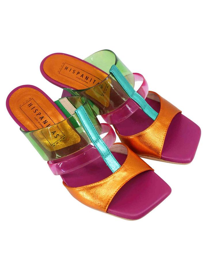 Spatarella Sandali donna in pelle laminata fuxia e multicolore con punta quadra 2025