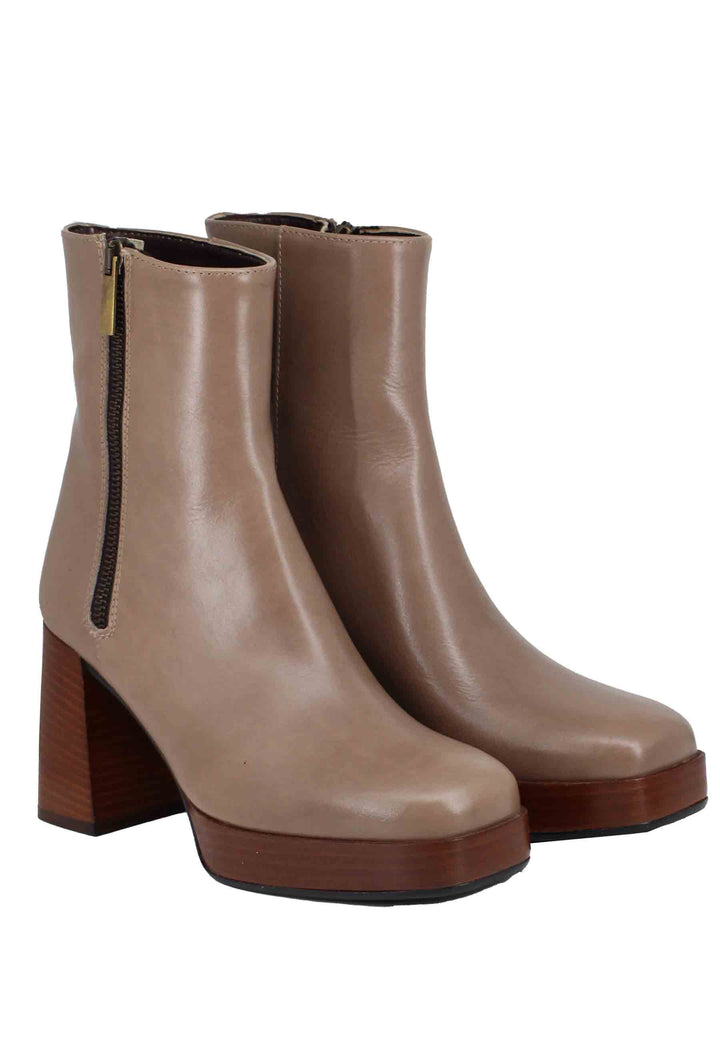 Spatarella Stivaletti donna in pelle taupe con tacco alto e plateau con zip esterna Sconto di tempo limitato