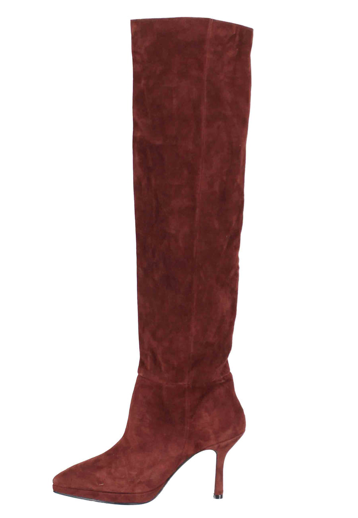 Spatarella Stivali donna in camoscio marrone con tacco e plateau Fino al 55% di sconto