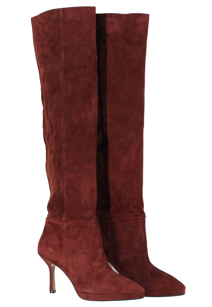 Spatarella Stivali donna in camoscio marrone con tacco e plateau Fino al 55% di sconto